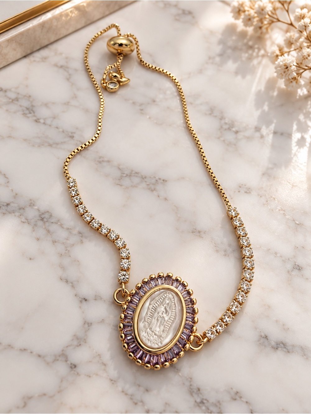 Gold Filled and Lavender Medallion Pendant Bracelet